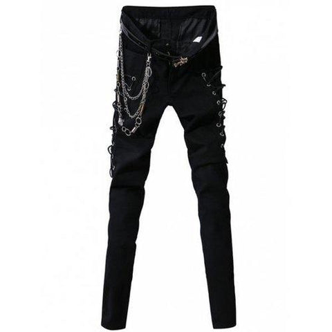 Crisscross String Design Zipper Fly Narrow Feet Pants For Men - Black 33