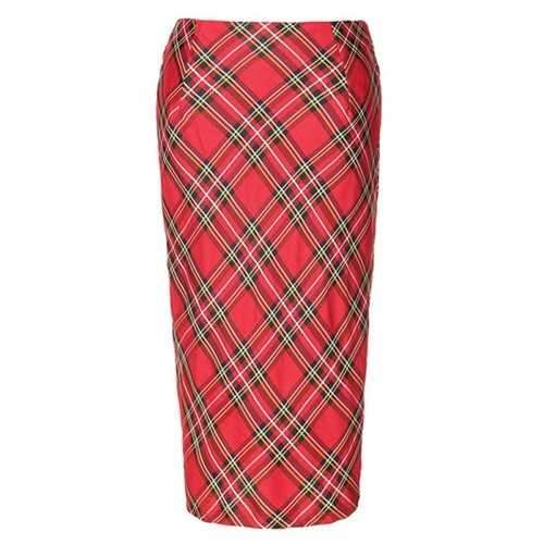 High Waist Plaid Midi Pencil Skirt - Red L