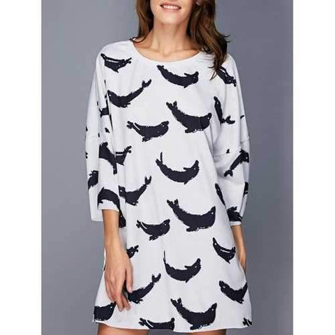 Cute Dolphin Loose Fitting T Shirt Dress - White M