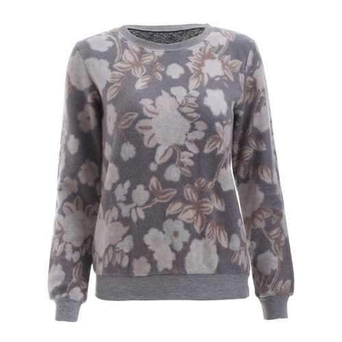 Casual Round Neck Floral Pattern Flocking Women's Sweatshirt - Gray S