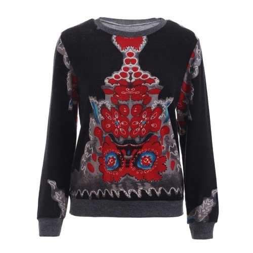 Casual Round Neck Printed Splicing Women's Sweatshirt - Black L