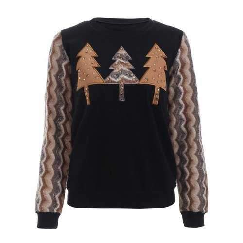 Tree Pattern Splicing Rhinestone Embellished Women's Sweatshirt - Black L