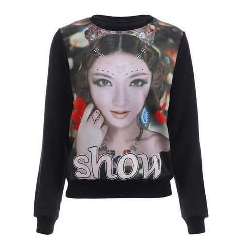 Chic Rhinestone Embellished Figure Print Women's Sweatshirt - Black Xl