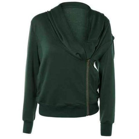 Stylish Long Sleeve Front Zip Up Slant Cowl Neck Sweatshirt - Army Green Xl