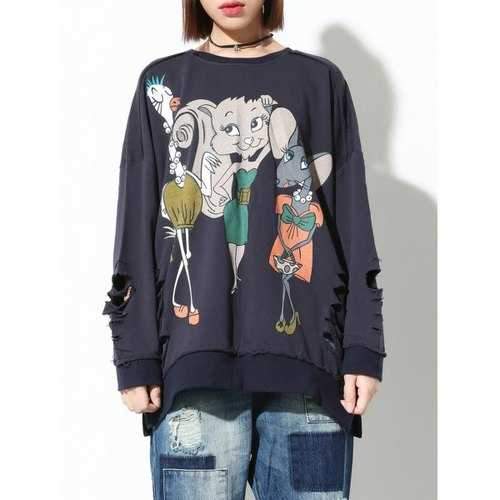 Ripped Cartoon Print Loose Sweatshirt - Purplish Blue One Size