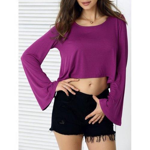 Casual Flare Sleeves Loose-Fit Crop Top - Purple Xl