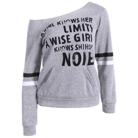 Skew Collar Letter Print Pullover Sweatshirt - Gray M