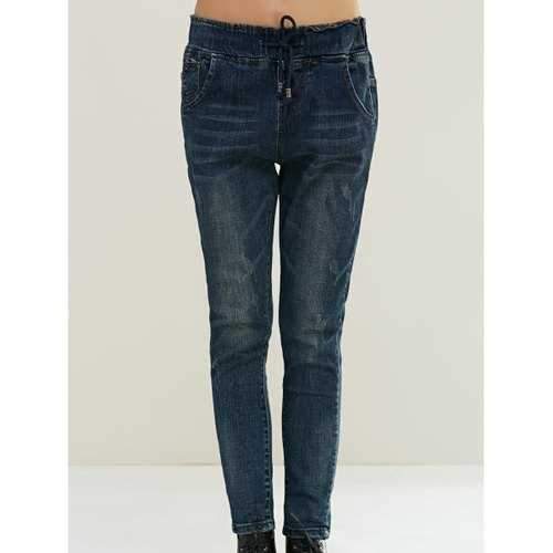 Stylish Dark Color Drawstring Jeans - Denim Blue S