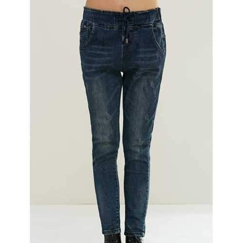 Stylish Dark Color Drawstring Jeans - Denim Blue S