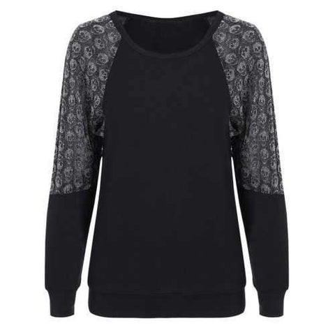 Stylish Skulls Spliced Raglan Sleeve Pullover Sweatshirt For Women - Black Xl