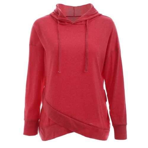 Trendy Long Sleeve Pure Color Slant Spliced Hoodie - Red L