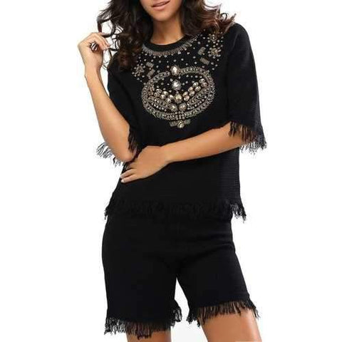 Beaded Rhinestone Embellished Fringed T-Shirt and Shorts Twinset - Black One Size