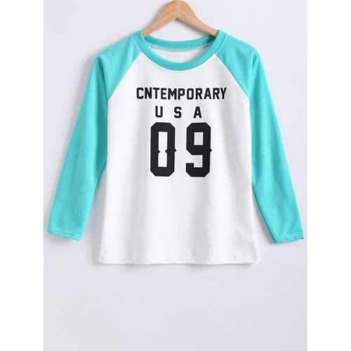 Color Block Raglan Sleeve Letter Print Sweatshirt - Tiffany Blue M