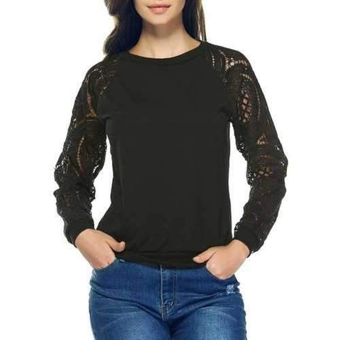 Lace Crochet Long Sleeve Round Neck Sweatshirt - Black Xl