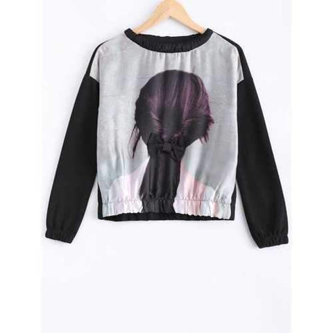 Girl Print Bowknot Sweatshirt - Black S