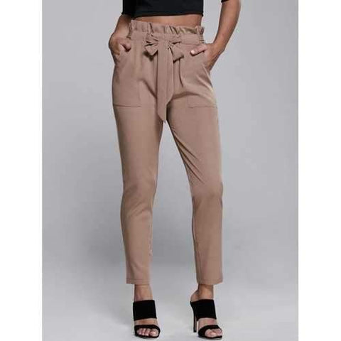 High Waisted Belted Slimming Narrow Feet Pants - Khaki L