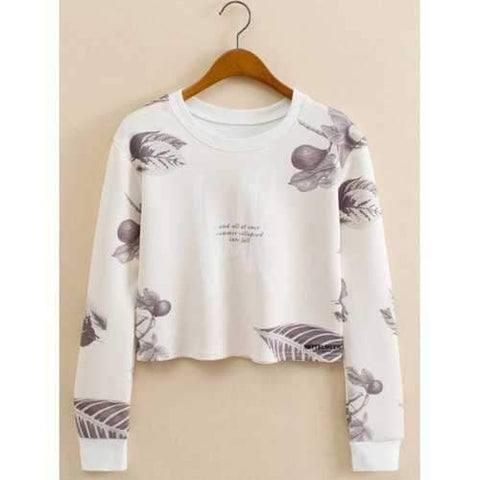 Leaf Figure Cropped Long Sleeve Sweatshirt - White L