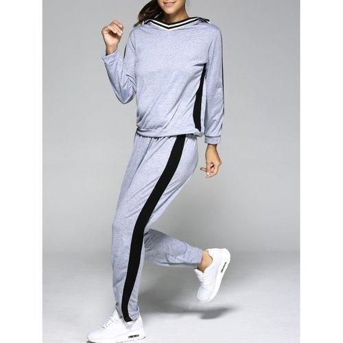 Hooded Contrast Color Spliced Sports Suit - Light Gray L