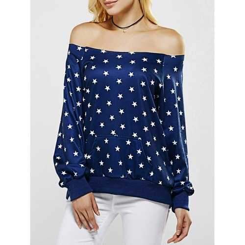 Off The Shoulder Five Point Star Print Sweatshirt - Blue Xl