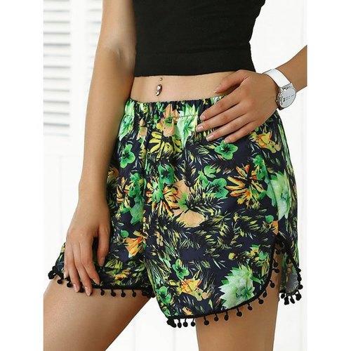 Elastic Waist Tassel Floral Dolphin Flowy Shorts - Green S