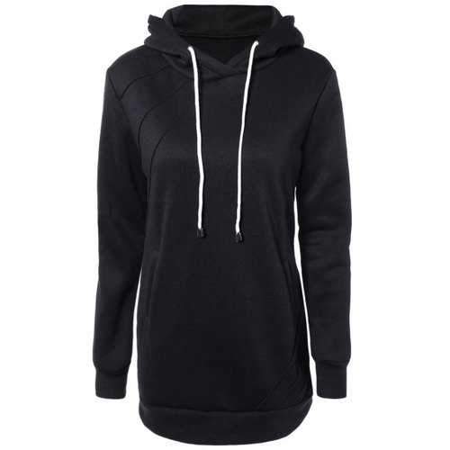 Slant Side Pocket Long Sleeve Drawstring Hoodie - Black 2xl