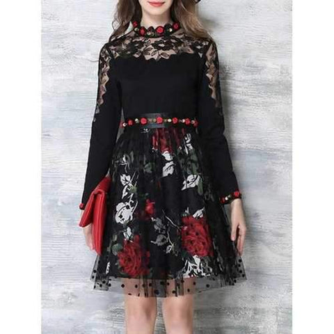 Flower Embroidered Long Sleeves Lace Spliced Dress - Black Xl