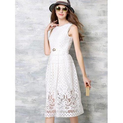 Crochet Sleeveless Belted Embroidery Dress - White Xl