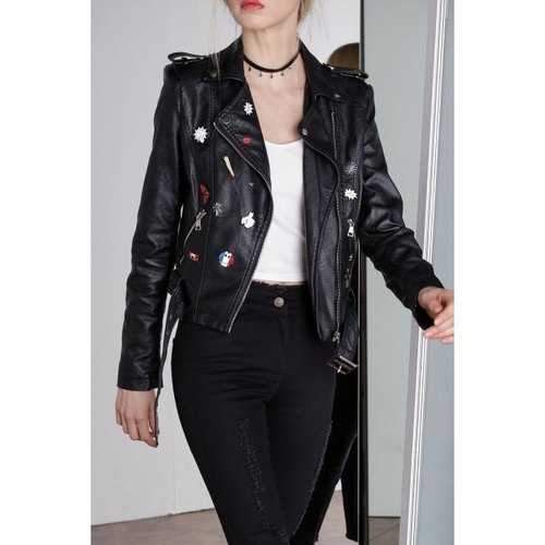 Zippered Faux Leather Moto Jacket - Black L