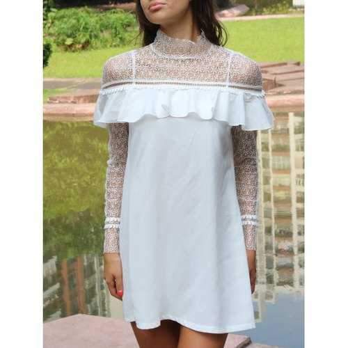 Lace Yoke and Sleeves Shift Dress - White Xl