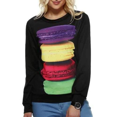 Long Sleeve Macarons Cookie Pattern Sweatshirt - Black M