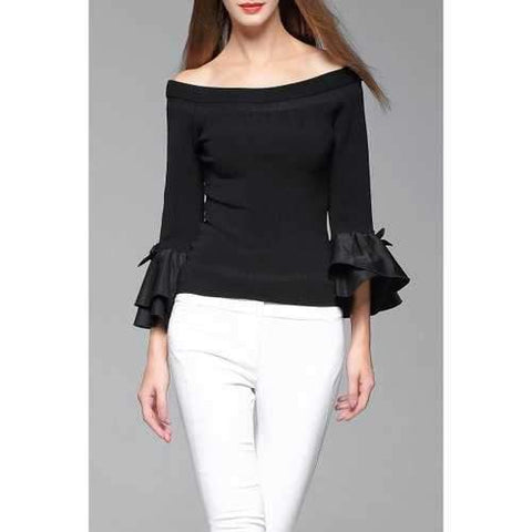 Off The Shoulder Ruffle Bell Sleeve Sweater - Black M