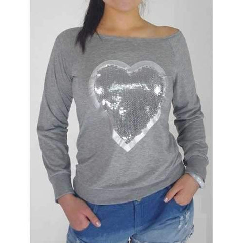 Sequin Embellished Heart Pattern Sweatshirt - Gray Xl