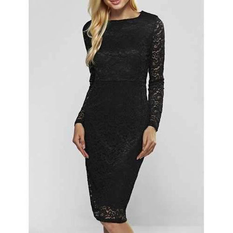 Lace Long Sleeve Sheath Evening Cocktail Dress - Black S