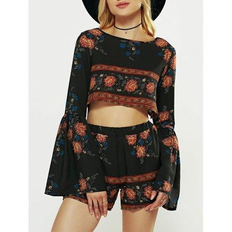 Long Flare Sleeve Crop Top and Print Shorts - Black Xl