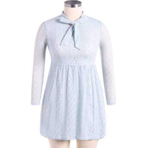 Bow Tie Long Sleeve Lace Dress - Light Blue M