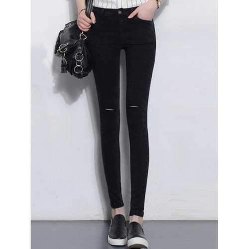 Elastic Ripped Skinny Jeans - Black M