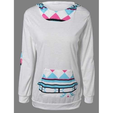 Geometric Print Long Sleeve Hoodie - White L