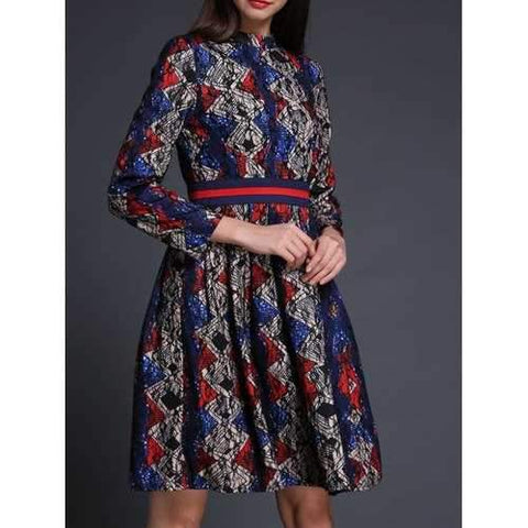 Vintage Color Block Long Sleeve Lace Dress - S