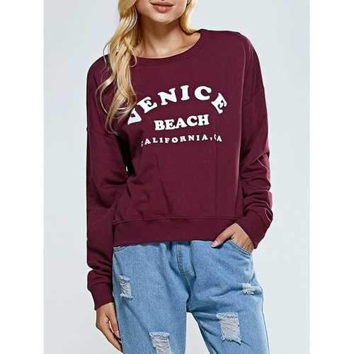 Funny Print Crew Neck Sweatshirt - Purplish Red L