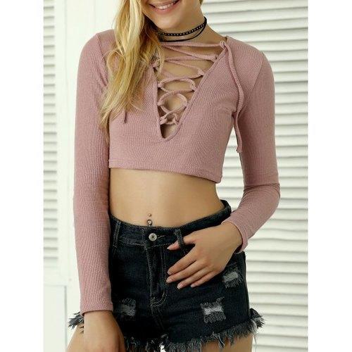 Long Sleeves Lace Up Crop Top - Light Pink Xl