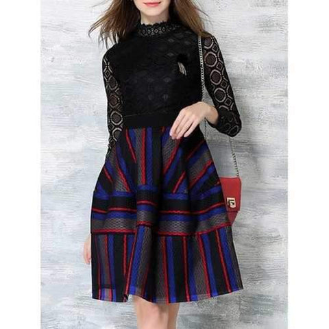 Color Block Stripe Long Sleeve Lace Dress - Black M