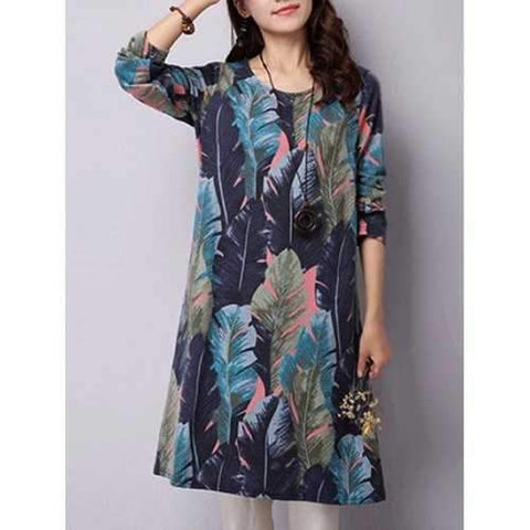 Feather Printed Long Sleeve Swing Dress - Blue 2xl