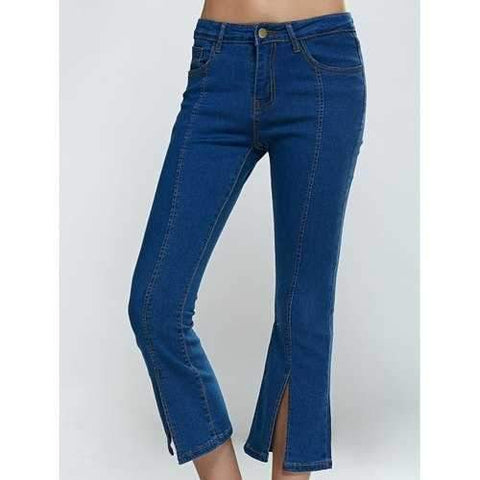 Split Hem Skinny Cropped Flare Jeans - Denim Blue Xl