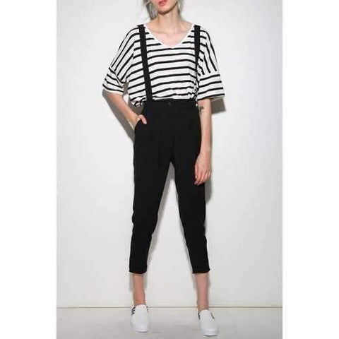 High Waist Suspender Ankle Pants - Black L