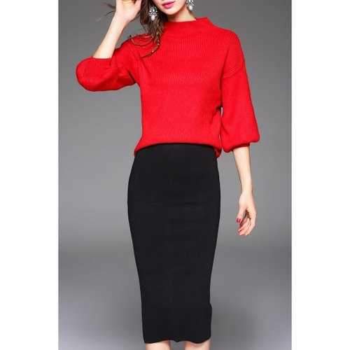 Puff Sleeve Ribbed Sweater - Red One Size