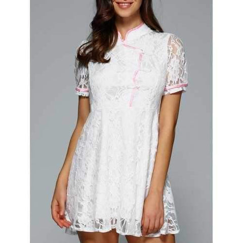 Mandarin Collar Short Sleeves Lace Dress - White S