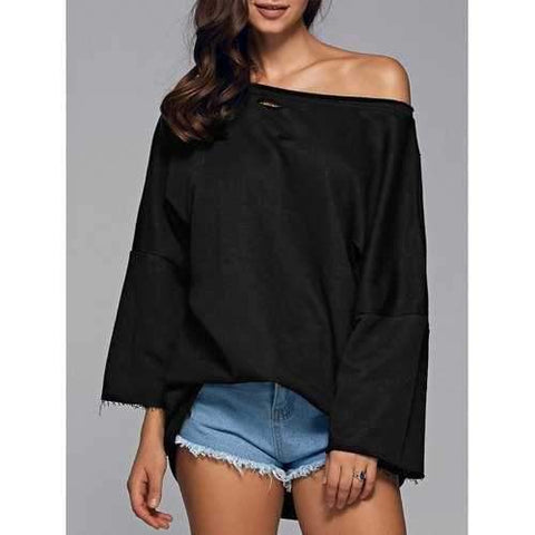 Long Sleeve Sloping Shoulder Ripped Sweatshirt - Black M