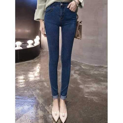 Skinny Mid Waist Hemming Jeans - Deep Blue L