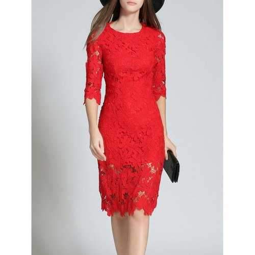 Round Neck 3/4 Sleeve Full Lace Bodycon Wedding Dress - Red L