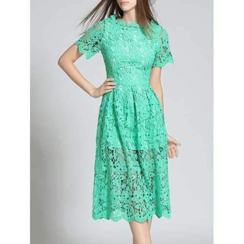 Short Sleeve Hollow Out Scalloped Lace Dress - Green 2xl